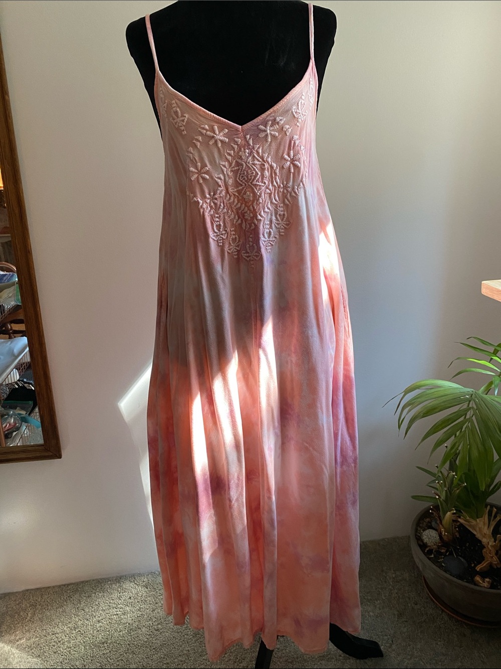 April Cornell Pink and Peach Embroidered Tie-Dye Slip Dress